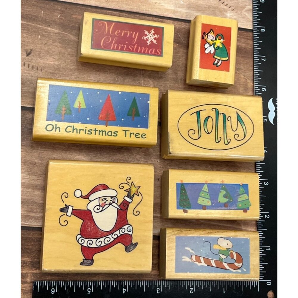 UNBRANDED LOT OF 7 HOLIDAY THEMED WOOD MOUNT RUBBER STAMPS SANTA CHRISTMAS TREE
